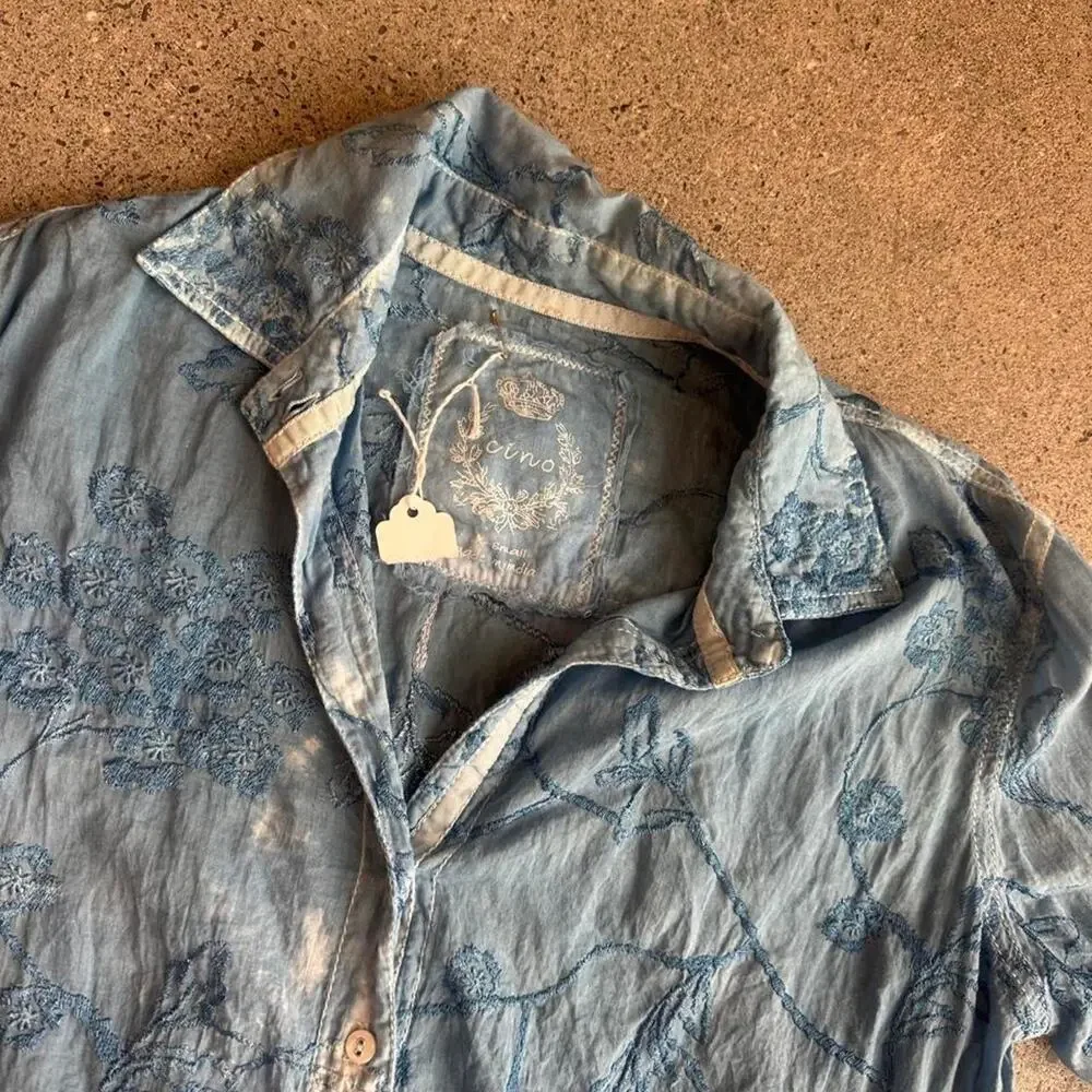 Cino women’s xs button up cotton top custom indigo dyed Blue floral button-up